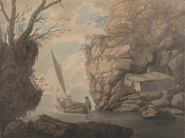 A Sailing Dinghy with Three Men Leaving a Rocky Inlet