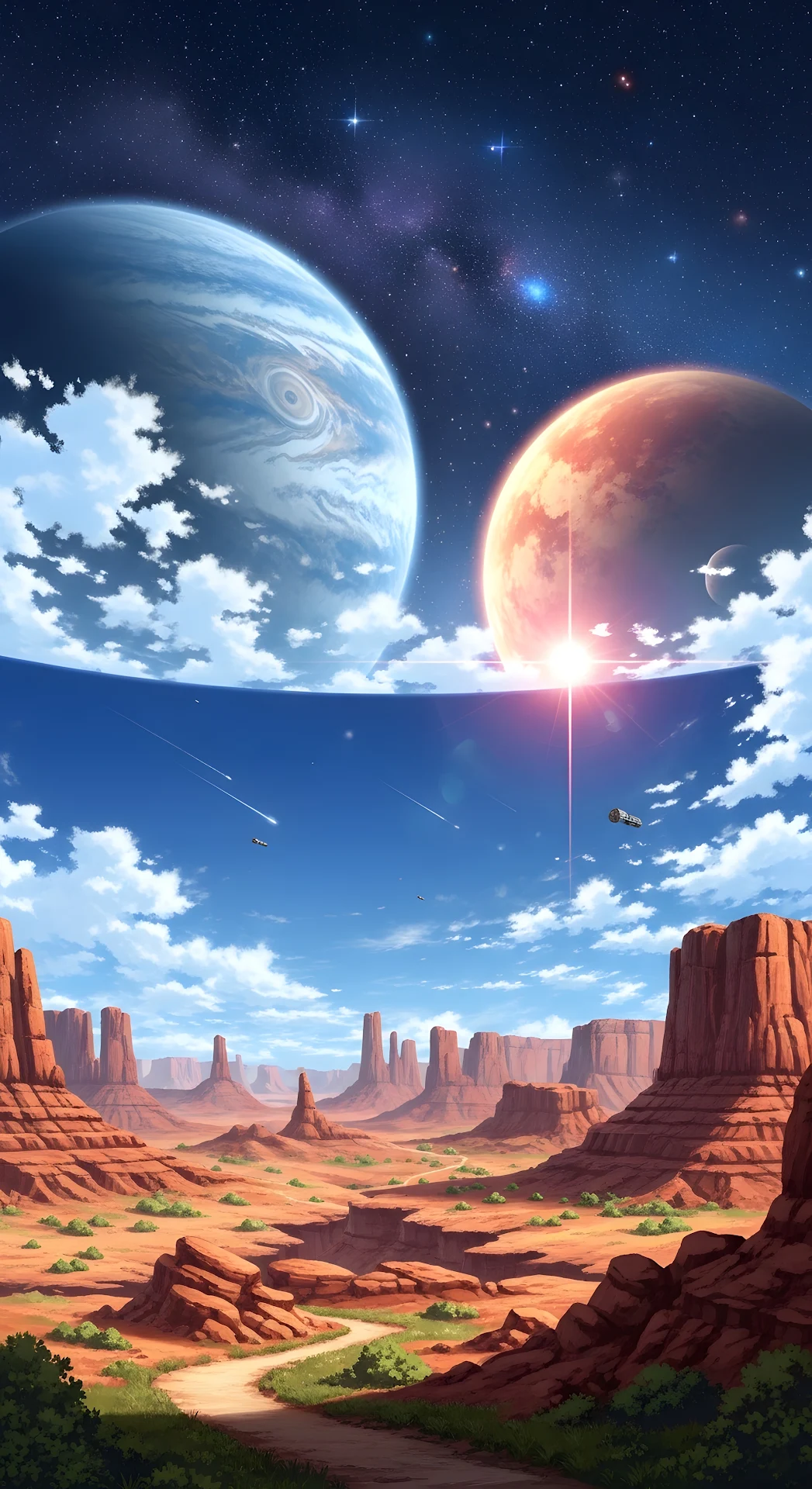 Dual Planets Over Red Desert Canyon Anime Landscape - Free 4K mobile Wallpaper