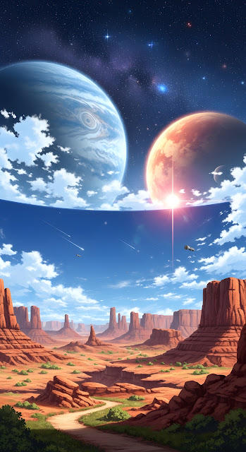 Dual Planets Over Red Desert Canyon Anime Landscape - Free mobile Wallpaper