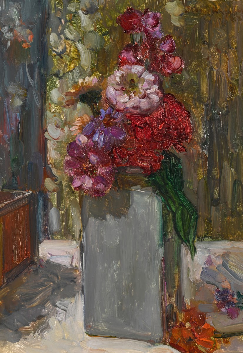 Wit Delftsche vaas met zinnias 1923