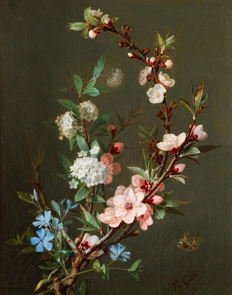 A Still Life With Branches Of Cherry Blossom Periwinkle And Viburnum Together Wi