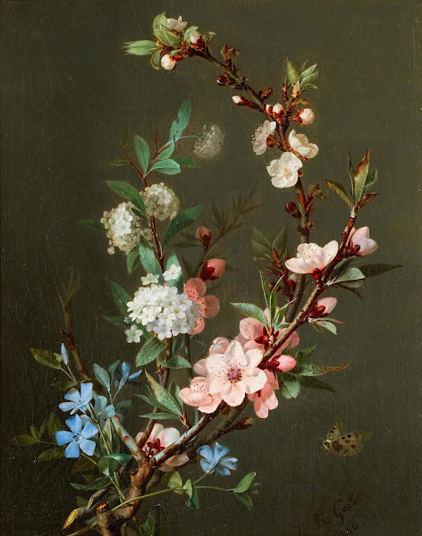 A Still Life With Branches Of Cherry Blossom Periwinkle And Viburnum Together Wi