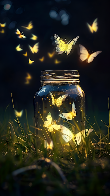Glowing Butterflies in Jar Magical Night Meadow Scene - Free mobile Wallpaper