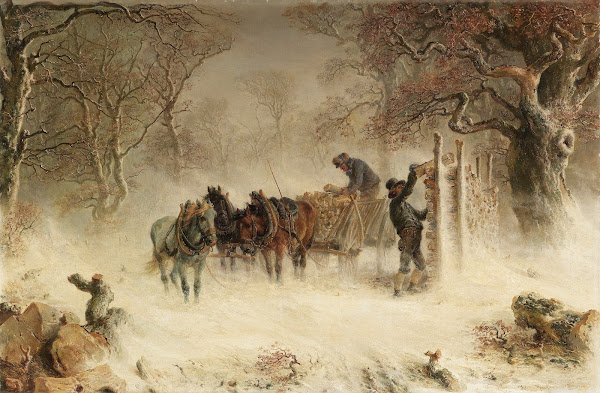 Holzfuhrwerk bei heftigem Schneetreiben 1850