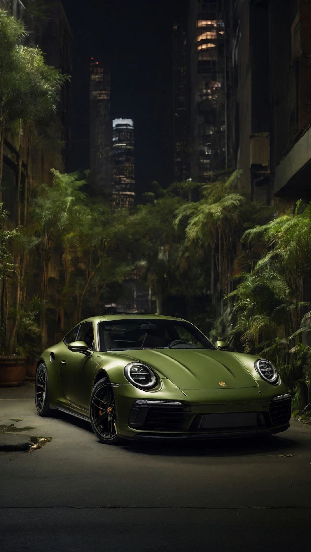 Matte Green Porsche in Urban Jungle at Night - Free 4K mobile Wallpaper