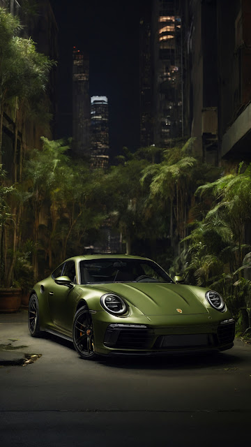Matte Green Porsche in Urban Jungle at Night - Free mobile Wallpaper