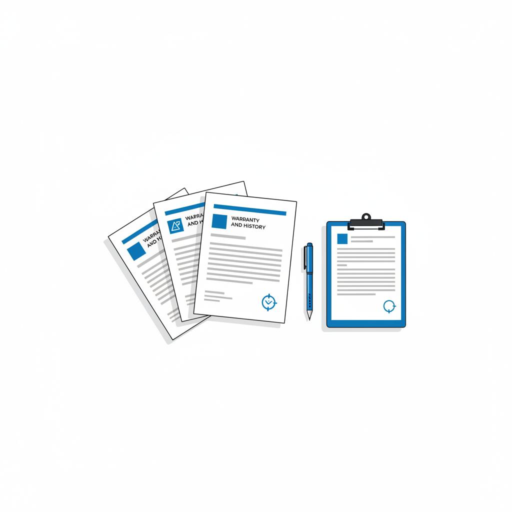 Minimalist 2D vector of a dealership desk with neatly arranged warranty and vehicle history documents on white background in CarFax Deals colors, no people, vw car dealer near me