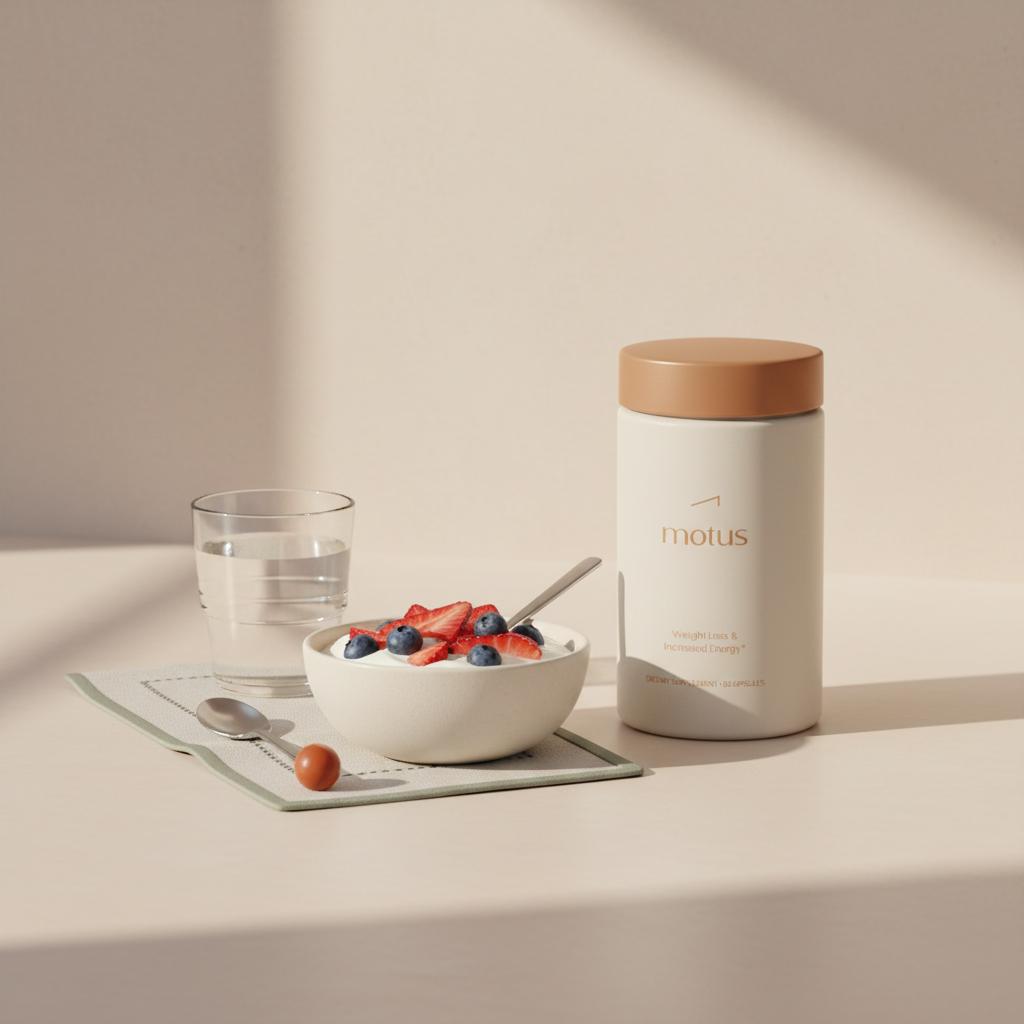 Tonum Motus container placed beside a bowl of Greek yogurt with berries on a minimalist kitchen counter, illustrating How do I wean myself off sugar? lifestyle approach