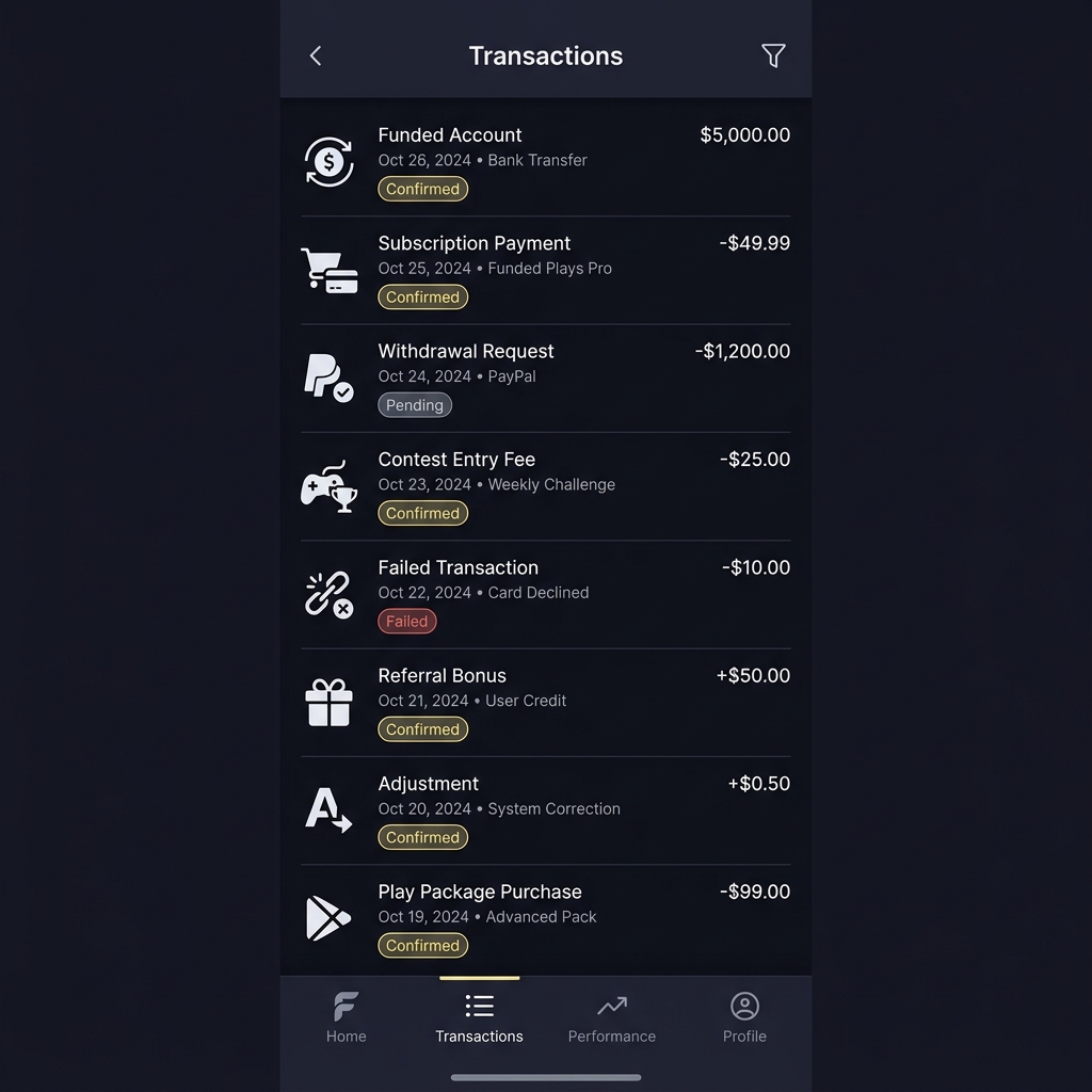 Minimal screenshot style transactions list of bet 9ja app showing transactions with simple icons amounts and status chips on a branded dark background