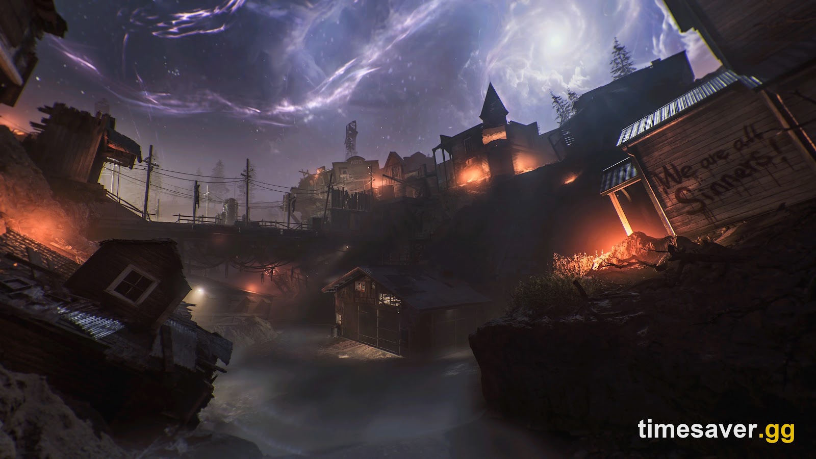 Black Ops 7 Zombies map Ashes of the Damned — the ruined town under a Dark Aether sky