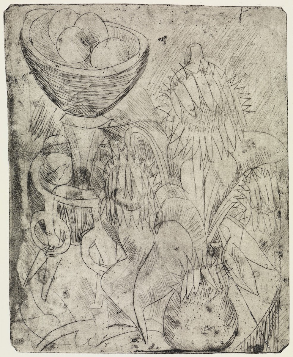 Stillleben mit Sonnenblumen und Obstschale 1913 1914