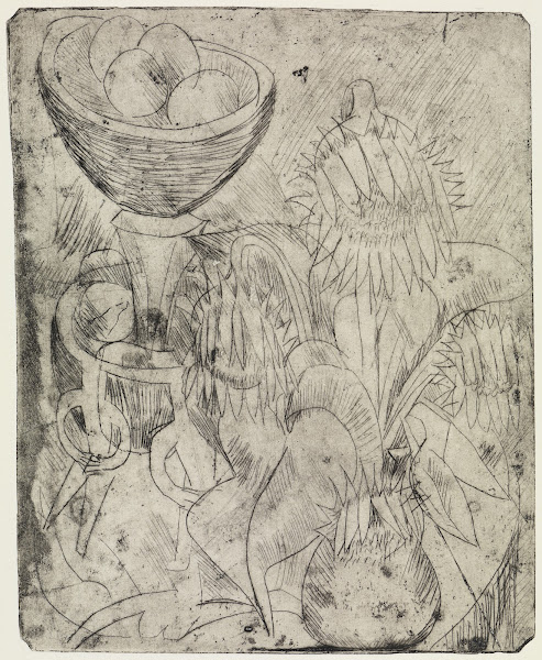 Stillleben mit Sonnenblumen und Obstschale 1913 1914