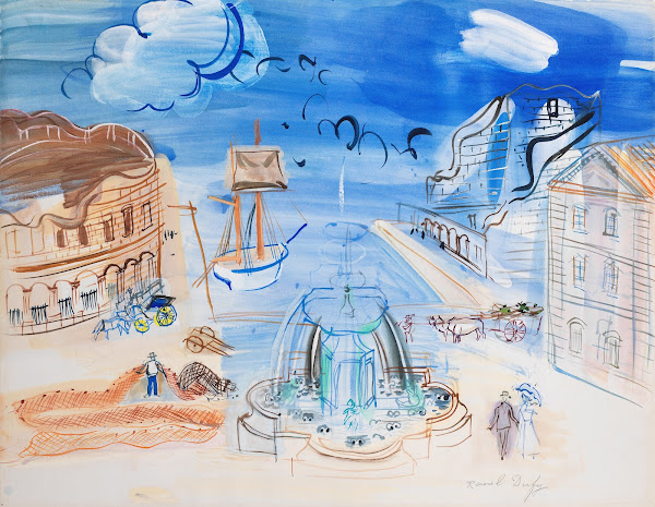 Composition au port et à la fontaine circa 1950