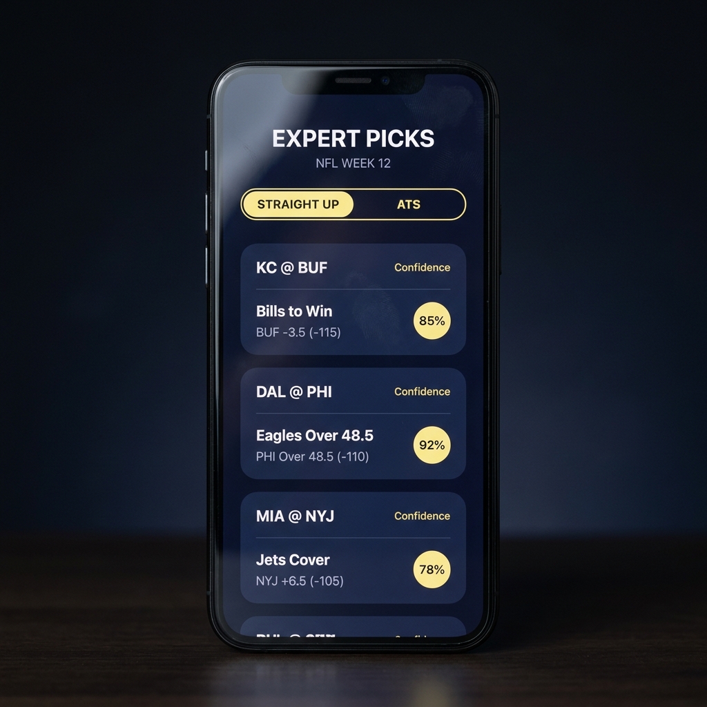 Close up mobile screen with a minimalist expert picks list showing free nfl expert picks straight up and ATS labels highlighted in Funded Plays brand colors on a dark clean background