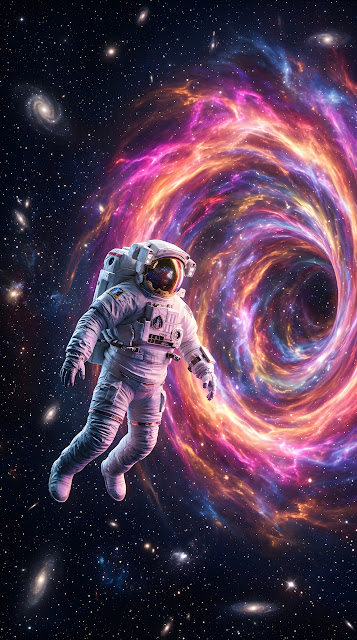 3D Render of an Astronaut Floating Toward a Glowing Galactic Nebula Portal - Free mobile Wallpaper