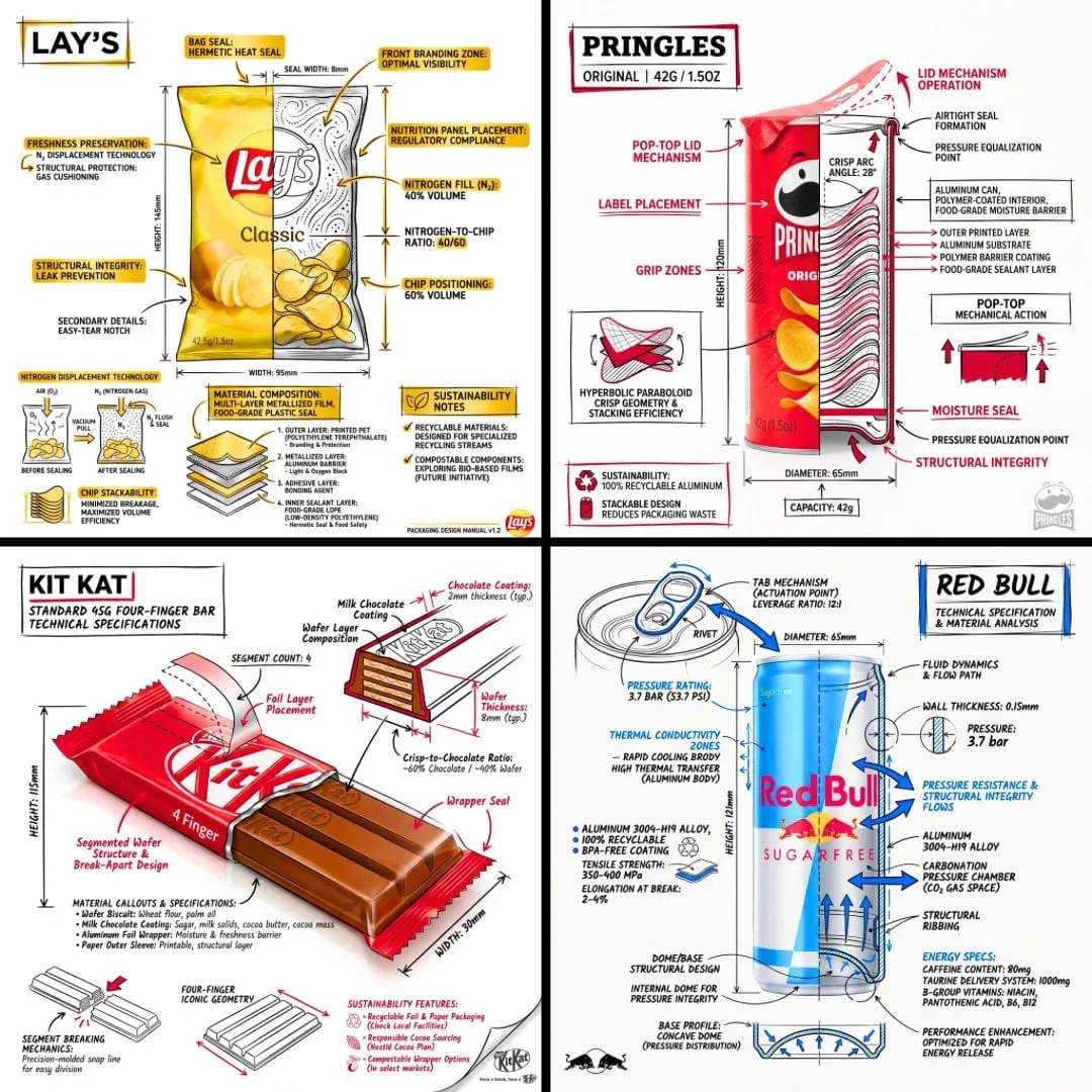 Crea una infografía técnica de marca de un [SNACK], combinando una fotografía realista o una representación fotorrealista de...