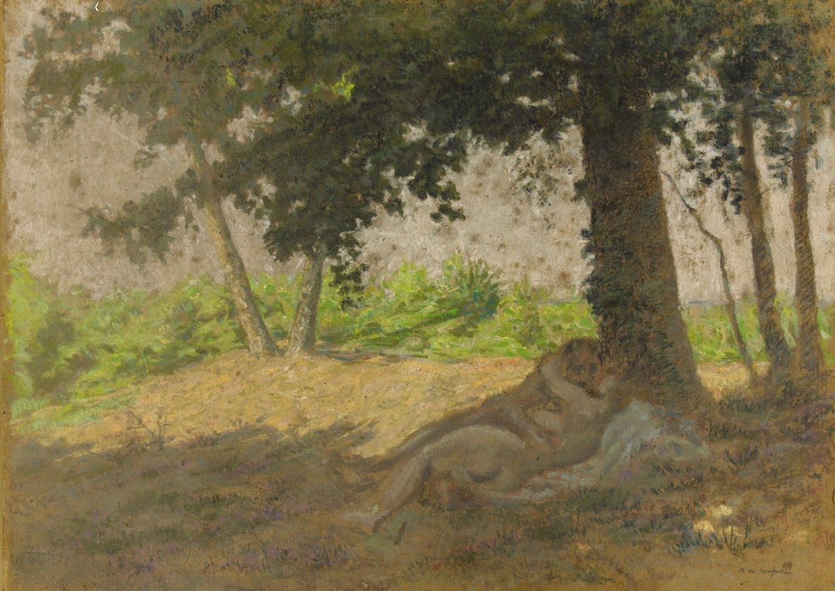 Couple enlacé couché dans un paysage