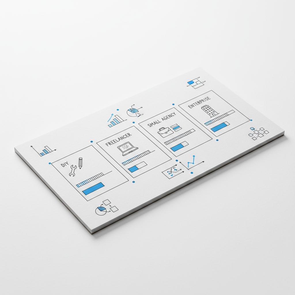 Close-up notebook sketch showing hand-drawn budget boxes and segmented cost-range bars illustrating website development cost, minimalist white background, dark gray ink and blue highlights.
