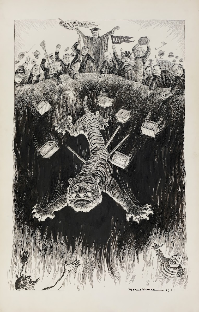 A group of men carrying flags push the Tammany tiger into flames 1901