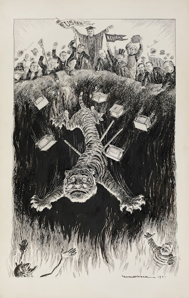 A group of men carrying flags push the Tammany tiger into flames 1901