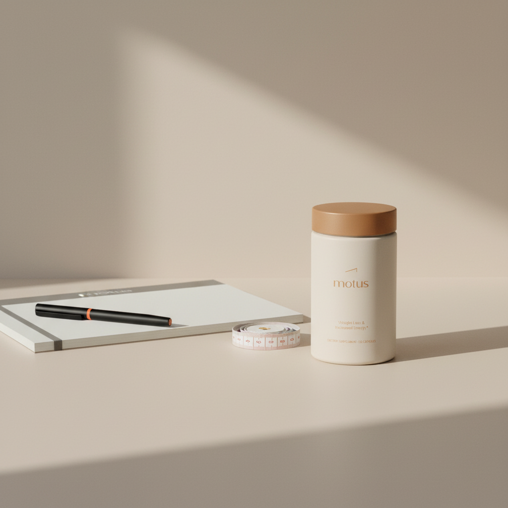 Motus supplement jar on a minimalist beige kitchen counter beside a notepad, pen and folded measuring tape — Tonum-style still life illustrating Adipex side effects