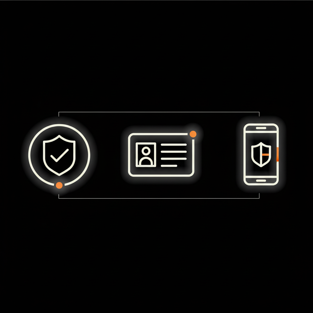 Minimalist infographic panel showing a verified badge, ID document icon, and phone with shield symbol on black background for meta verified eligibility