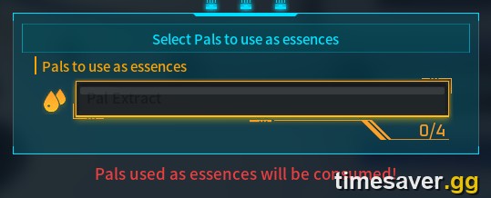 Palworld Pal Essence Condenser interface showing a Pal being ranked up toward a higher Work Suitability