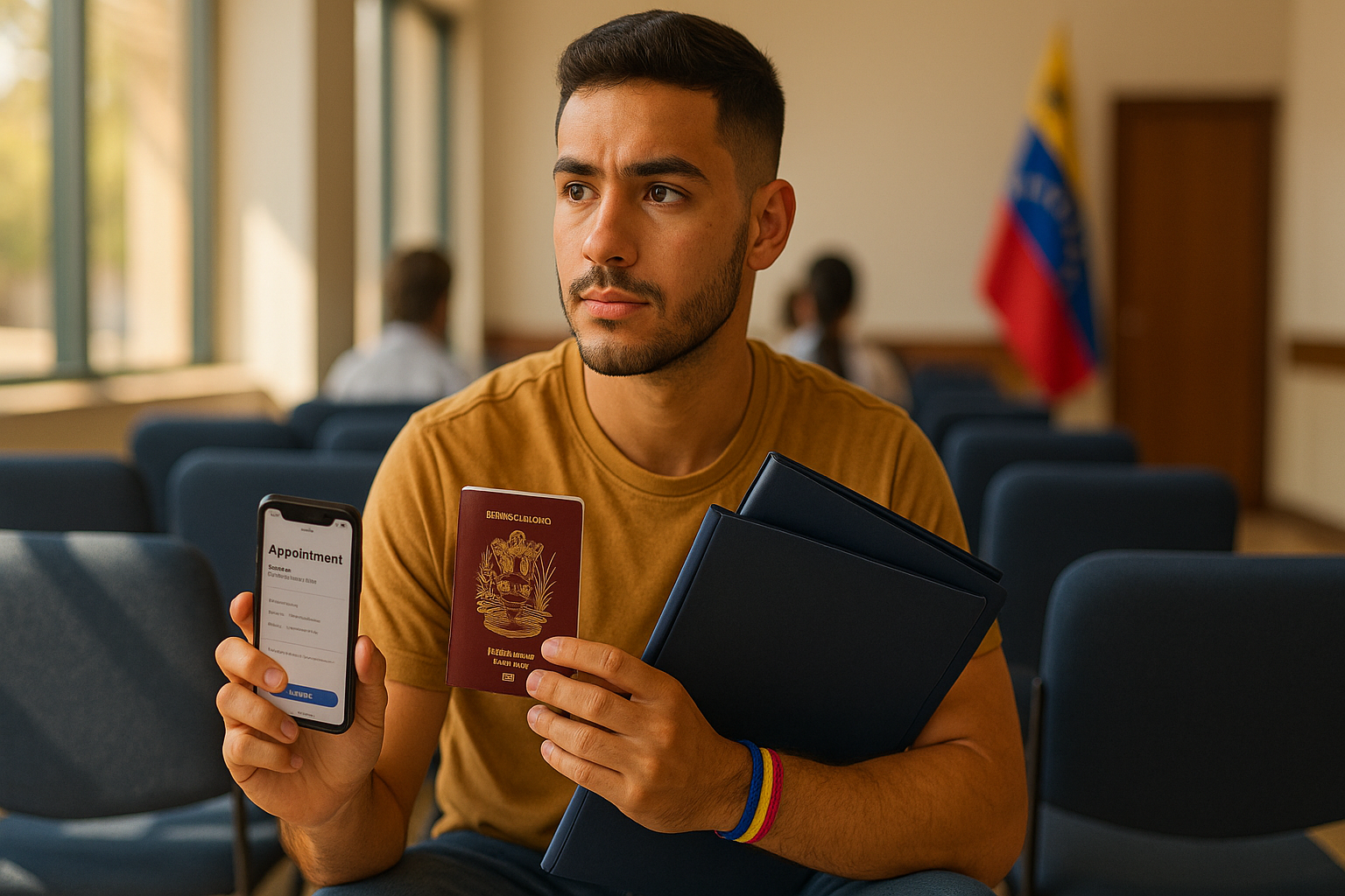 venezolano en consulado con documentos y carpeta, renovar pasaporte venezolano en el exterior