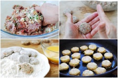 Trứng gà đánh tan. Cà rốt, hành tây, đậu hũ băm nhuyễn. Trộn thịt bò băm cùng cà rốt, hành tây, đậu hũ băm, tỏi băm, dầu mè cho hòa quyện. Nắn lại thành những viên tròn rồi ấn dẹt xuống, lăn từng viên bột qua bột mì khô và trứng gà đánh tan. Cho lên chảo chiên giòn.