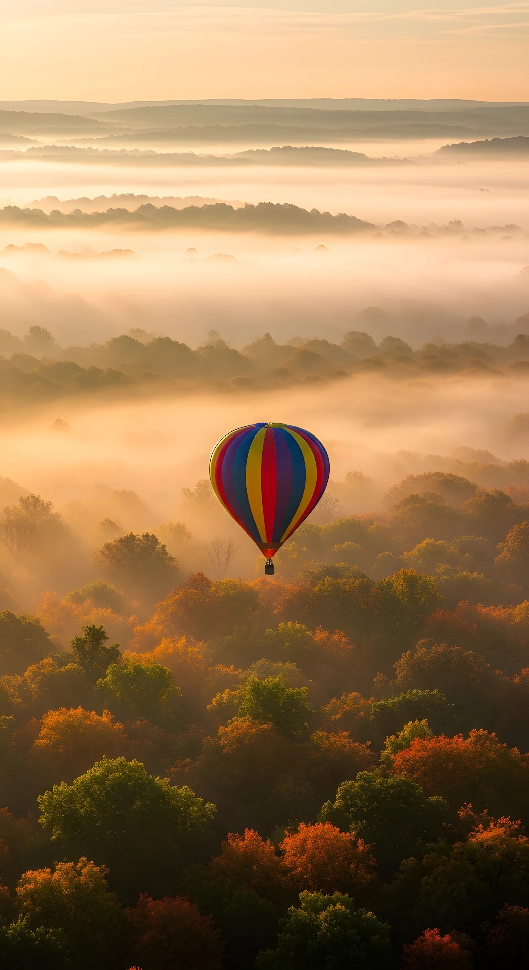 Colorful Hot Air Balloon Floating Over a Misty Autumn Forest at Sunrise - Free 4K mobile Wallpaper