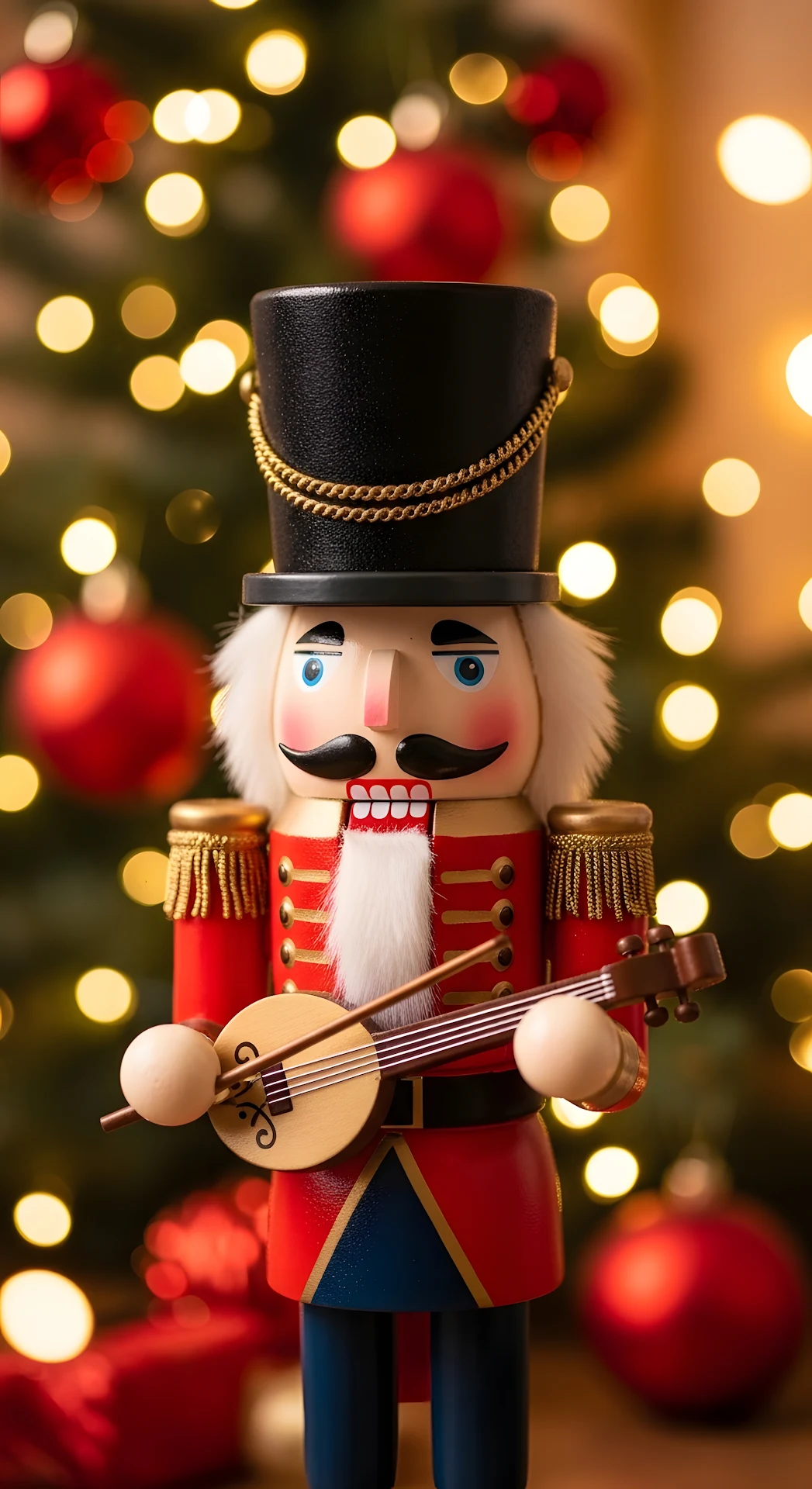 Classic Nutcracker Playing Banjo Against Bokeh Lights - Free 4K mobile Wallpaper
