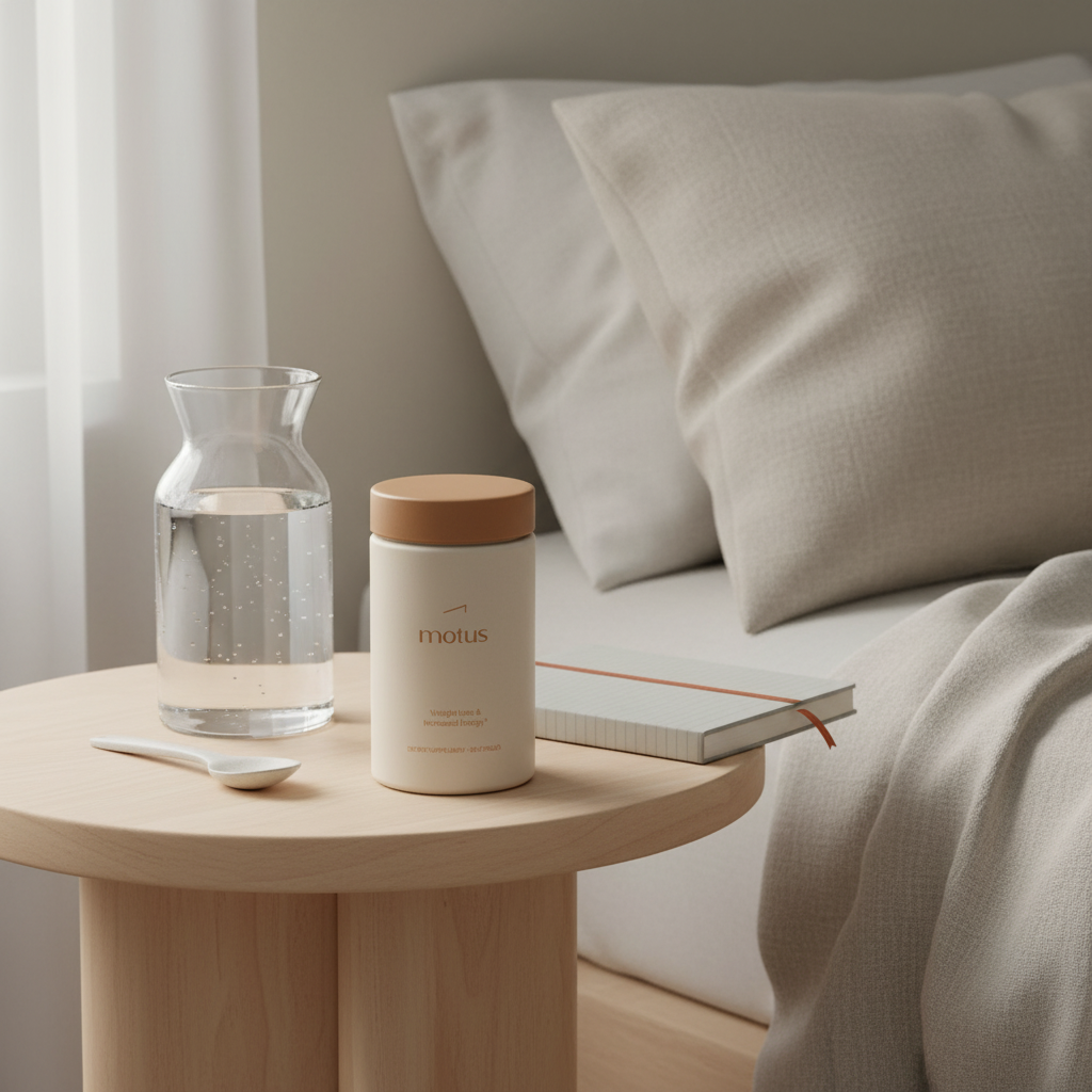 Minimal bedside scene with Motus supplement jar on wooden table beside water carafe and lined journal in morning light — will a nutrition coach help me lose weight?