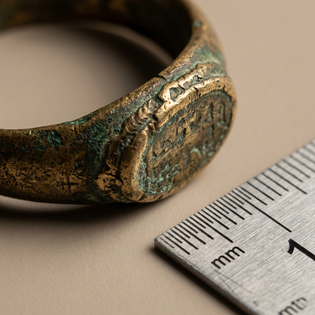 Macro view of an ancient byzantine ring bezel and solder lines showing patina under raking light with small ruler for scale on warm neutral background