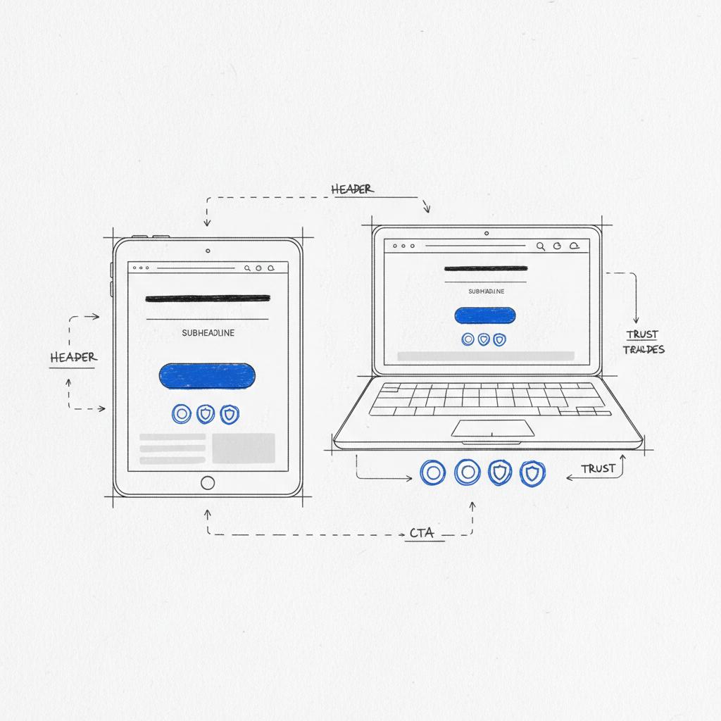 Minimalist tablet and laptop hero mockup for finance website showing value proposition blocks and trust badges in Agency Visible brand colors, best website builder for finance