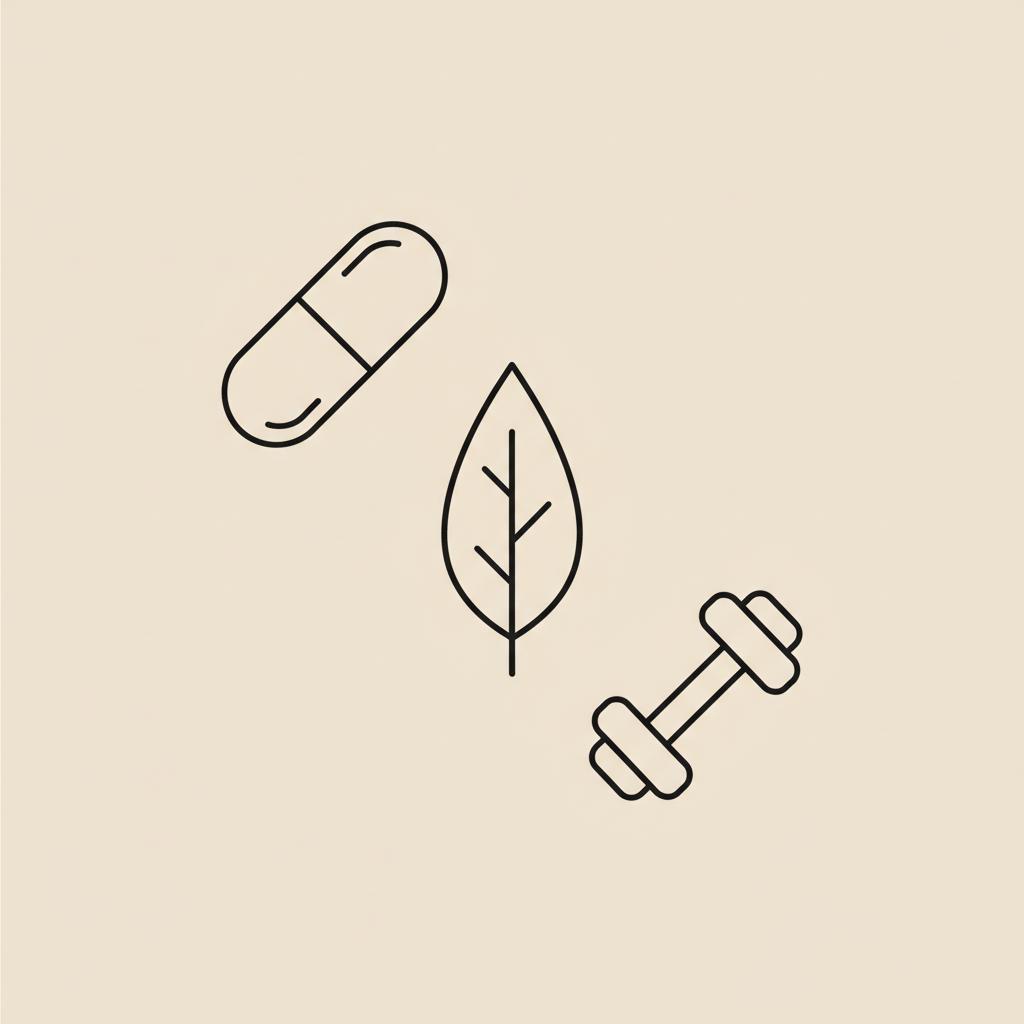 Minimalist Tonum-style vector illustration of a capsule, leaf and dumbbell on a beige background, symbolizing healthy weight management — how to lose belly fat fast