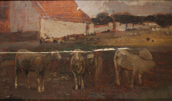 Dorflandschaft mit Schafen 1875