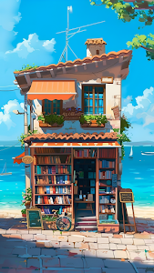 Cozy Seaside Bookstore Anime Style Summer Travel Scene