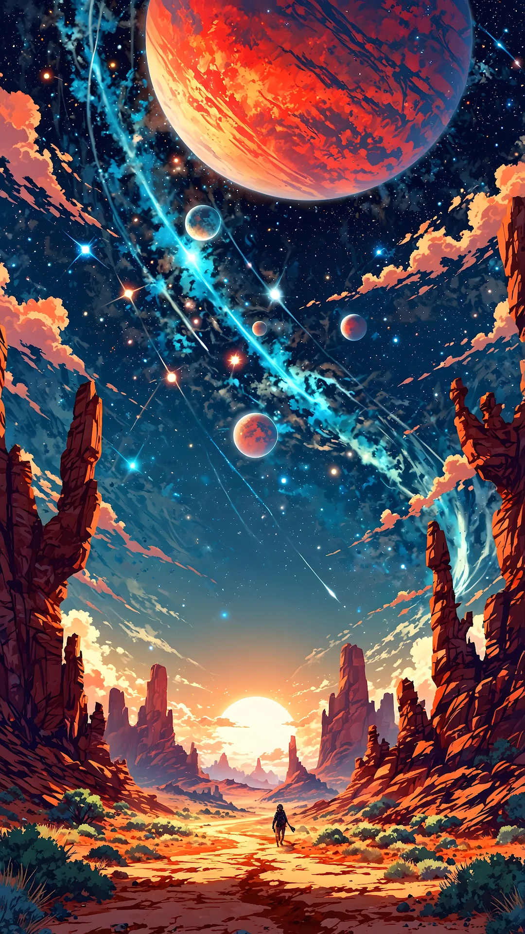 Epic Sci-Fi Desert Canyon Lone Explorer Giant Planet - Free 4K mobile Wallpaper