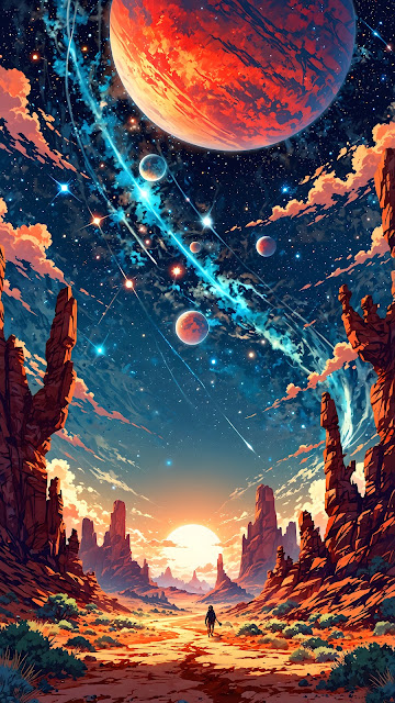 Epic Sci-Fi Desert Canyon Lone Explorer Giant Planet - Free mobile Wallpaper