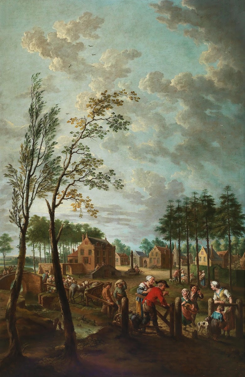 A village scene with peasants in the foreground