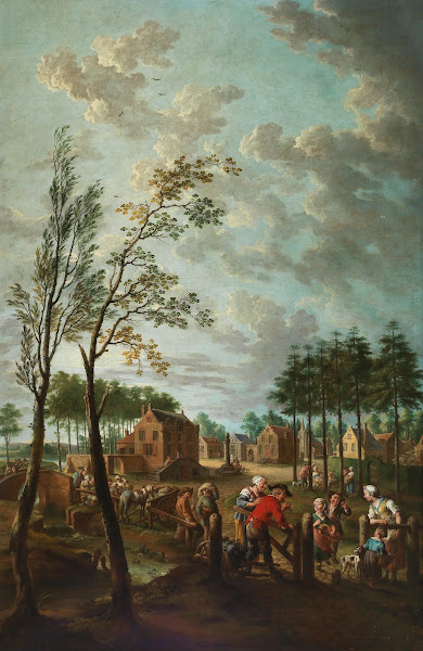 A village scene with peasants in the foreground