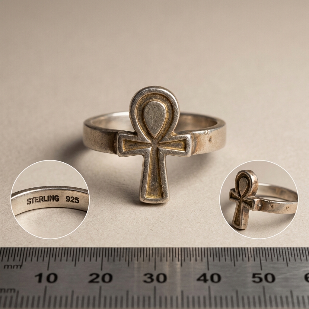 Close up of an ankh ring bezel with ruler for scale and side views showing hallmarks and patina on a minimalist beige background in Aurora Antiqua style