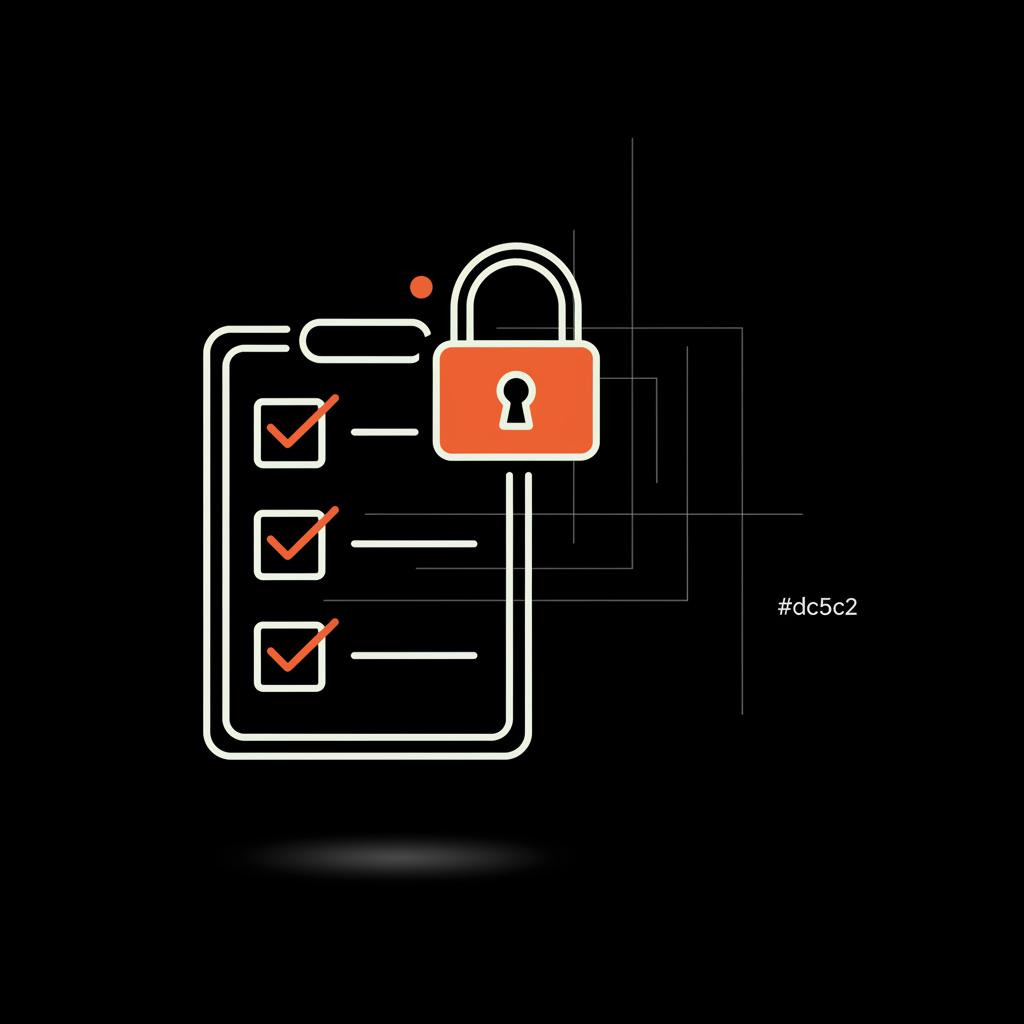 Minimal full-frame vector infographic on black background showing a checklist icon with a secure lock overlay in soft beige and orange accents — how to contact yahoo customer support