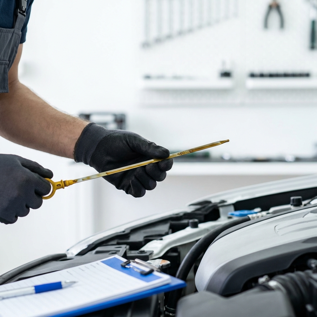 Close up of technician checking oil dipstick and noting oil level on handheld notepad with blue pen brand accent blue visible toyota corolla for sale