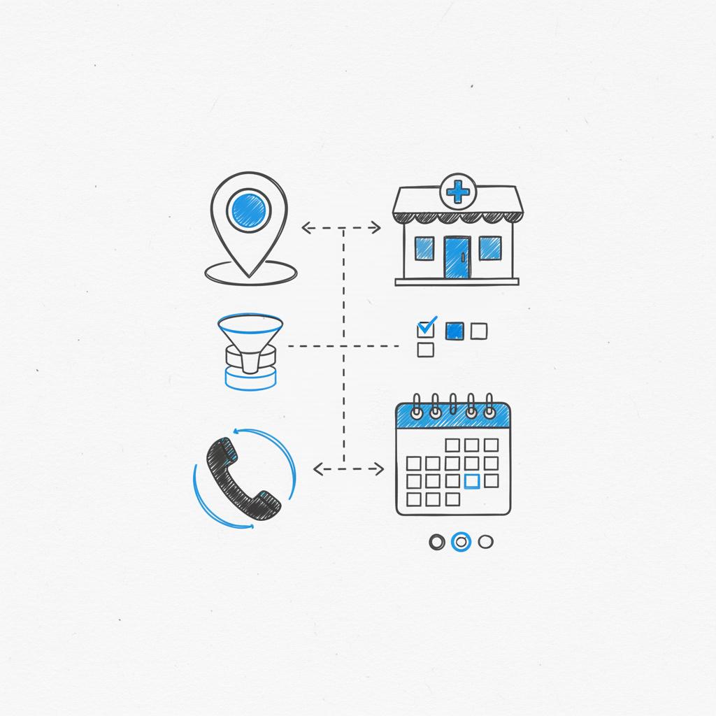 Vector notebook-style sketch of a dental clinic online journey&mdash;map pin, clinic facade, appointment calendar and arrows to a phone; conceptual lead generation for dental clinics.