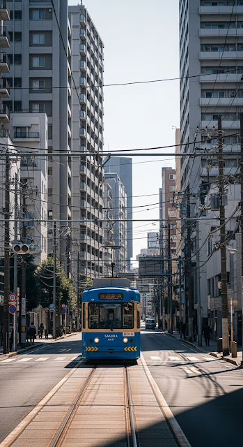 Blue Tokyo Sakura Tram Moving Through City Residential Street with Overhead Wires - Free mobile Wallpaper