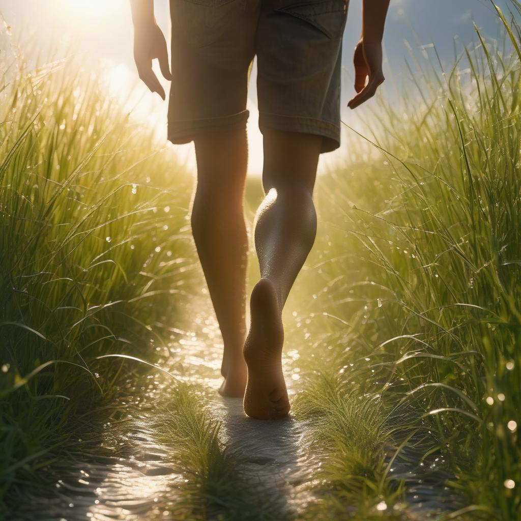 person walking barefoot in grass with morning dew, with sun rays