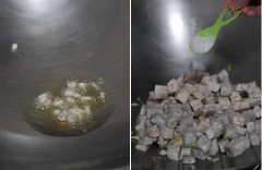 Hành tím cắt lát. Cho hành tím vào chảo phi thơm rồi đổ khoai vào xào. Nêm muối tiêu, chút xíu đường và xóc, đảo nhẹ nhàng để khoai không bị nát. Khi khoai đã ngấm gia vị, rắc chút hành xanh rồi tắt bếp. 