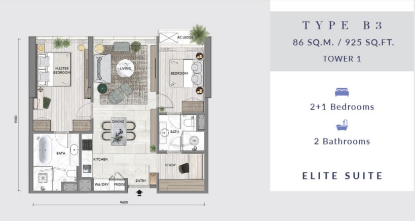 Core Residence @ TRX Type B3 floor plan — 1301 sq ft, 3 bedrooms