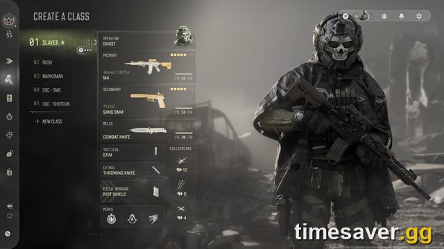 A Call of Duty Create-a-Class loadout screen showing weapon levels and attachments — weapon XP tracks separately from your player rank, so every gun you run levels on its own.